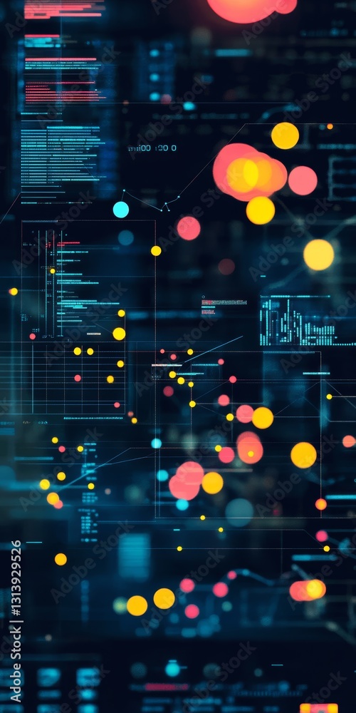 Poster this abstract digital visualization features colorful circles and lines, representing data flow and 