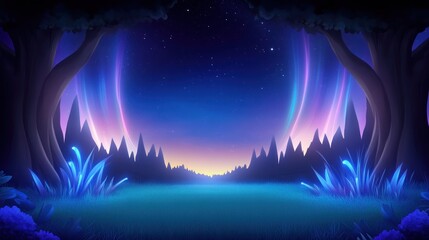 Fototapeta premium Enchanted forest clearing with glowing plants and aurora at twilight, mystical background