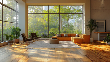 Fototapeta premium Spacious office area with large glass windows allowing sunlight to flood in, creating a vibrant setting with plants, comfortable furniture, and wooden flooring