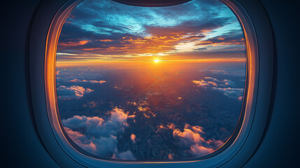 Fototapeta premium The sky showcases brilliant hues of orange and purple as the sun sets over a sprawling city below. Fluffy clouds reflect the warm light, creating a breathtaking aerial view