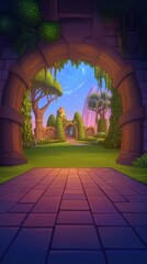 Fototapeta premium Enchanted garden vista through stone archway. Evening sky with trees, hills, and path in the distance