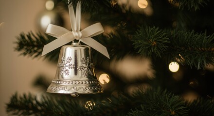 Silver Christmas Bell Ornament Hanging on Tree with Ribbon