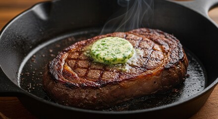 Fototapeta premium Steaming Ribeye Steak with Herb Butter Cooking in Cast Iron Pan
