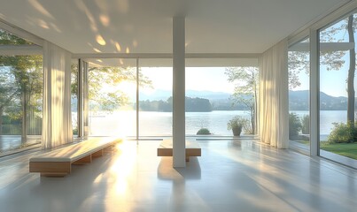 Fototapeta premium empty room with large windows overlooking a lake.