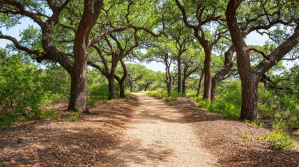 Fototapeta premium Serene Walking Path Through Lush Green Forest Under Bright Sky
