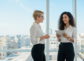 Two business women standing and talking in a modern office.