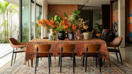 Modern dining room with vibrant floral centerpieces