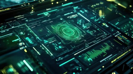 Futuristic computer interface displaying data analysis information in a glowing design