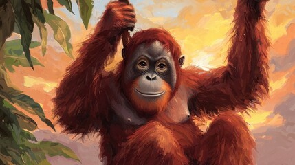 Obraz premium Playful Orange Orangutan Hanging From Branch in Colorful Sunset