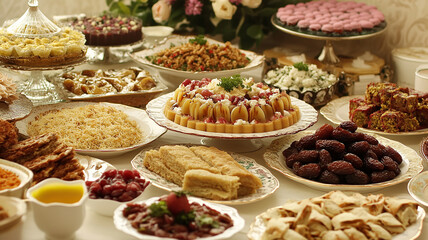 Fototapeta premium various kinds of dishes to break the fast, such as water, dates, cakes, sweets
