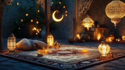An ambient scene of interior decoration with lights and crescent moon