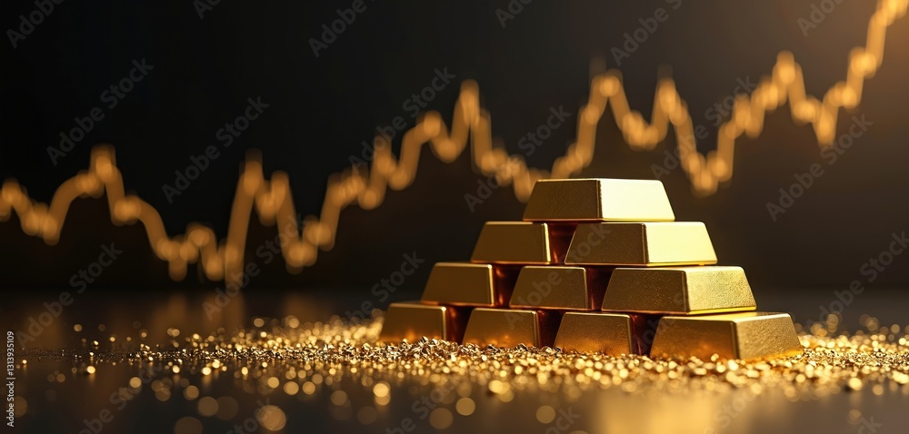 Aufkleber gold bar stack on gold particles background. investment stock graph business concept with growth fin