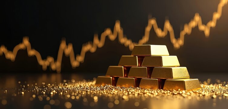 Gold bar stack on gold particles background. Investment stock graph business concept with growth financial money exchange chart, coin treasure. Precious metal savings, price success in banking.