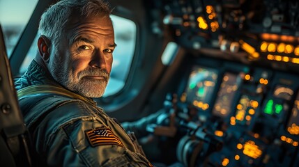 Fototapeta premium Pilot in Cockpit with Soft Lighting and Instrument Panel Displaying Control Panels