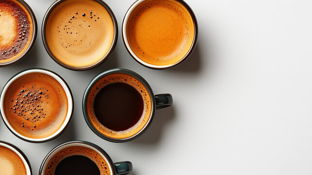 A collection of coffee cups displaying various colors and patterns sits on a clean white desk. This assortment highlights diverse brews, emphasizing the enjoyment of coffee culture during daytime