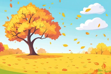 Autumn Landscape Golden Tree, Falling Leaves, Sunny Sky Illustration