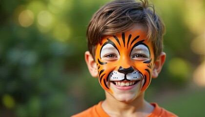 Boy with tiger face paint smiles, displays creativity. Close-up portrait kid with orange, black animal pattern, masquerade makeup, artistry shows joy, happiness, festive mood, cute fierce costume.