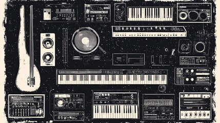 Fototapeta premium Vintage Music Production Console with Analog Synthesizers and Audio Control Knobs