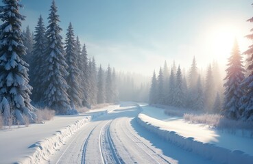 Scenic snowy winter road through forest landscape on sunny day. Snow covered trees, frost, ice track, holiday travel background. Winterly wonderland, seasonal paradise, cold vacation resort, clear