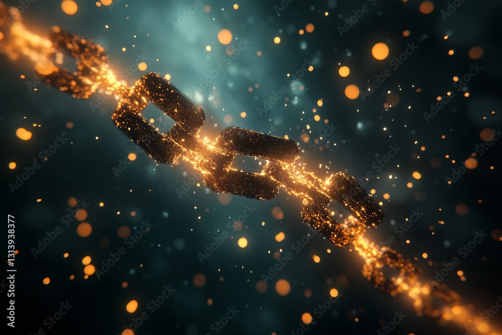 Poster a visually stunning abstract representation of glowing chain links surrounded by shimmering particle
