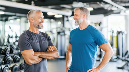 Two men having a friendly conversation in a modern fitness gym