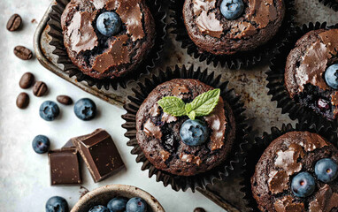 Fototapeta premium Dark Chocolate Blueberry Muffins with Mint Garnish