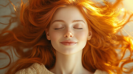 Obraz premium A cheerful redhead girl lies on a soft surface with closed eyes, her vibrant hair cascading around her. Soft sunlight highlights her peaceful expression, creating a calming atmosphere