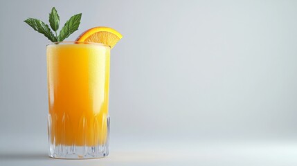 Refreshing citrus drink garnished with mint and orange slice on a light background