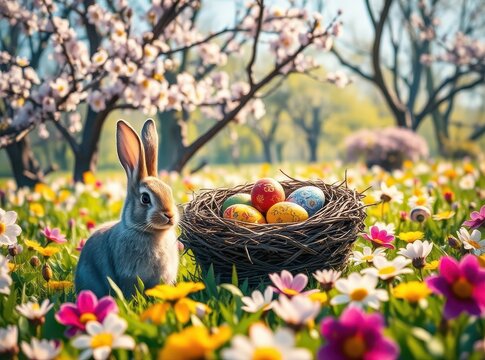 Osterhase mit buntem Osternest in bl&uuml;hender Fr&uuml;hlingswiese