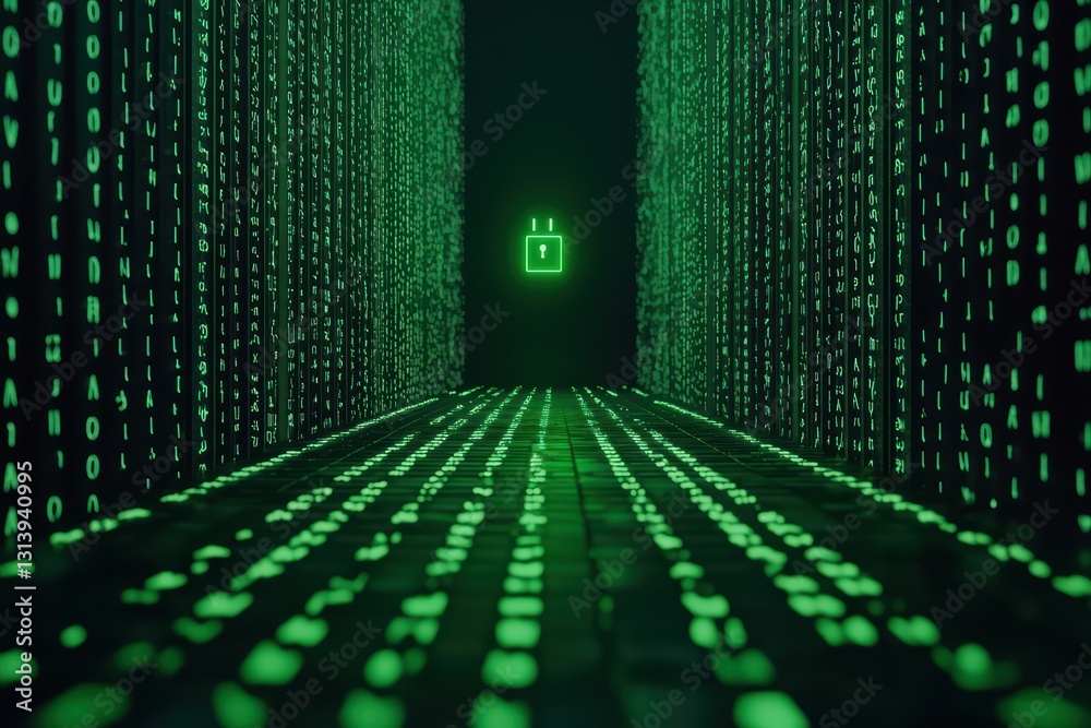 Poster digital encryption protocols in cybersecurity with green matrix background visuals