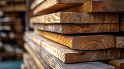 A collection of timber boards is stacked closely together at a lumber yard. The structure showcases the natural grain of the wood, revealing varying shades and textures