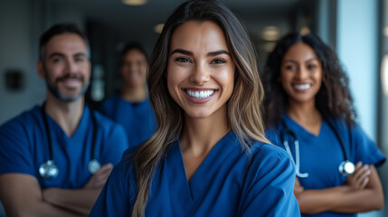 Fototapeta premium A team of doctors and nurses stands together in a well-lit hospital corridor, all smiling warmly. Their camaraderie reflects their commitment to patient care and teamwork