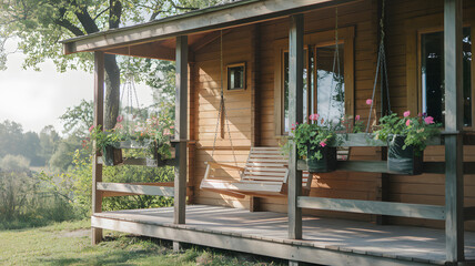A sunlit wooden cabin with a porch swing and potted plants hanging on the rails.