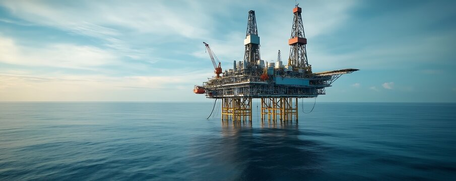 A large oil rig is floating in the ocean