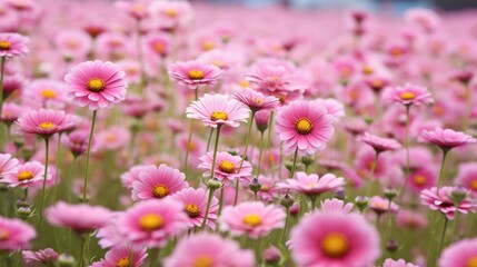 Obraz premium A Field of Vibrant Pink Flowers with Yellow Centers