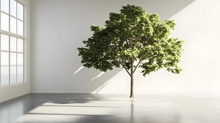 Obraz premium Lush green tree standing in a bright, minimalistic interior space with sunlight casting shadows