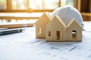 Wooden House Models, Architectural Plans, and Hard Hat Home Construction Concept