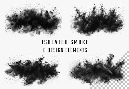 6 Black Smokes With Dust On Transparent Background