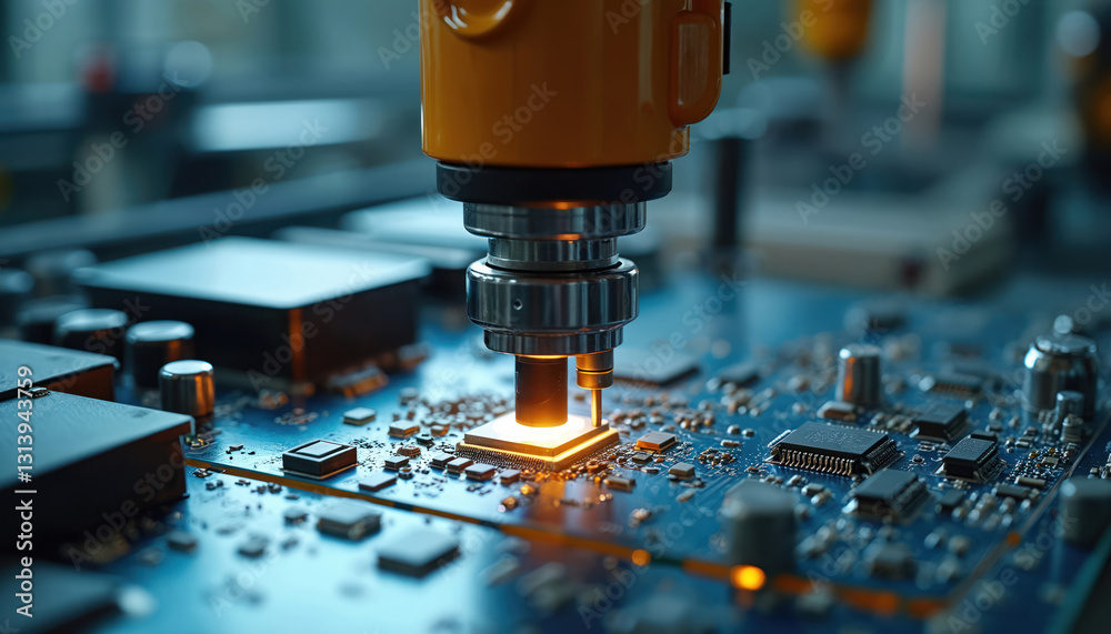Poster close-up of electronics manufacturing. automated equipment touches microchip. semiconductor factory 