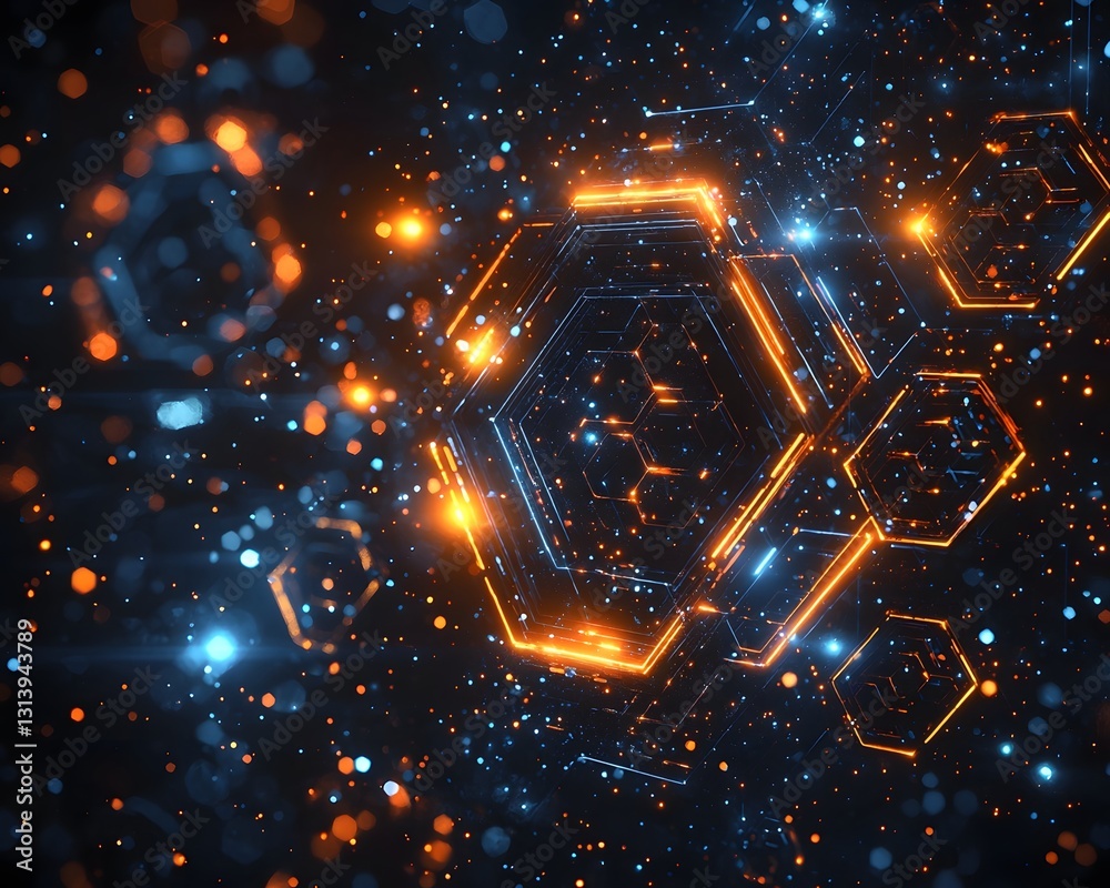 Poster futuristic metallic hexagonal frame glowing with neon highlights surrounding a dynamic pattern backg