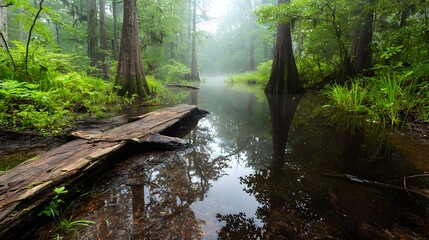 Misty Green Forest Stream with Weathered Wooden Plank