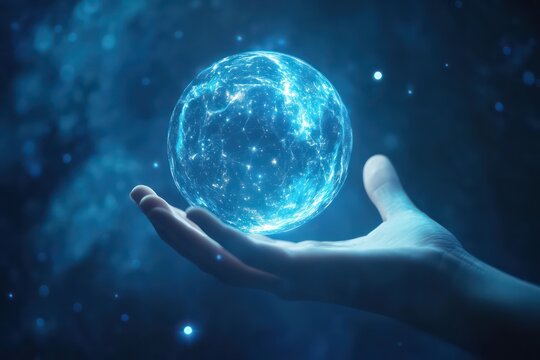 Fototapeta A close-up of a human hand gently cradling a holographic sphere representing the digital universe, floating in a cosmic blue space