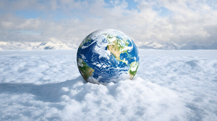 Naklejka premium A globe rests on snowy clouds under a bright sky
