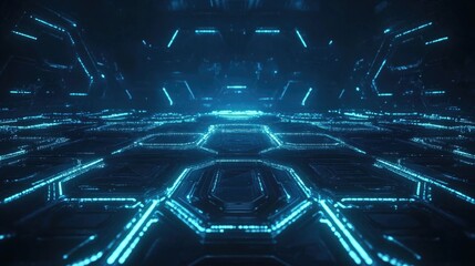 Futuristic digital circuit board illuminated with glowing blue lines