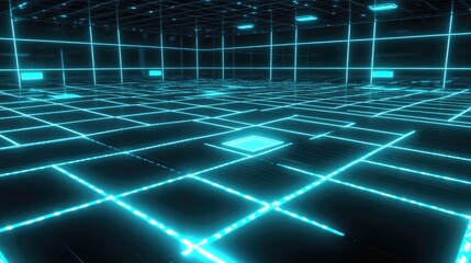 A futuristic grid lit with bright blue glowing lines displays