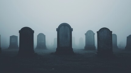 A misty graveyard scene with a row of tombstones, evoking a somber and eerie atmosphere.