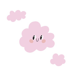 Cute pink cloud vector illustration with a smiling kawaii face, pastel colors, and a soft dreamy aesthetic. Perfect for children's designs, fantasy themes, and weather-related graphics.