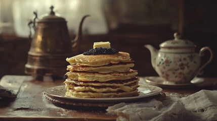 Traditional Russian Pancakes with Caviar and Samovar