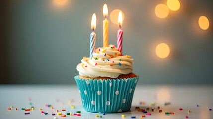 delicious cupcake with vanilla frosting, sky blue polka dot wrapper, colorful lit candles, soft bokeh background