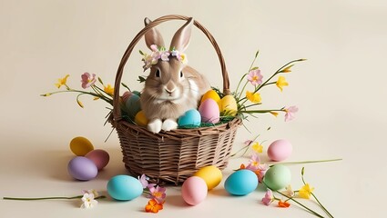 easter basket with eggs and bunny and spring flowers 